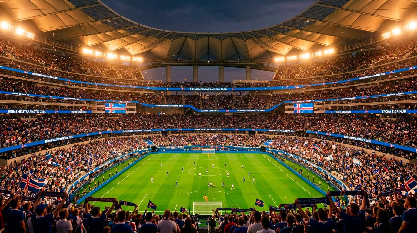 Fjöldi áhorfenda á fótboltavelli horfa á heimsmeistarakeppnisleik
