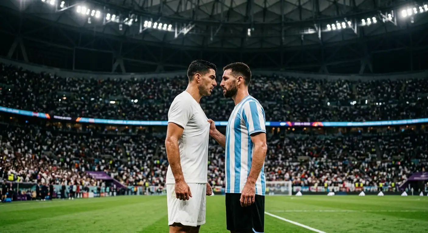 Enskur og argentínskur leikmaður standa augliti til auglitis fyrir stórleik á yfirbyggðum leikvangi, spenna og einbeiting, flóðljós