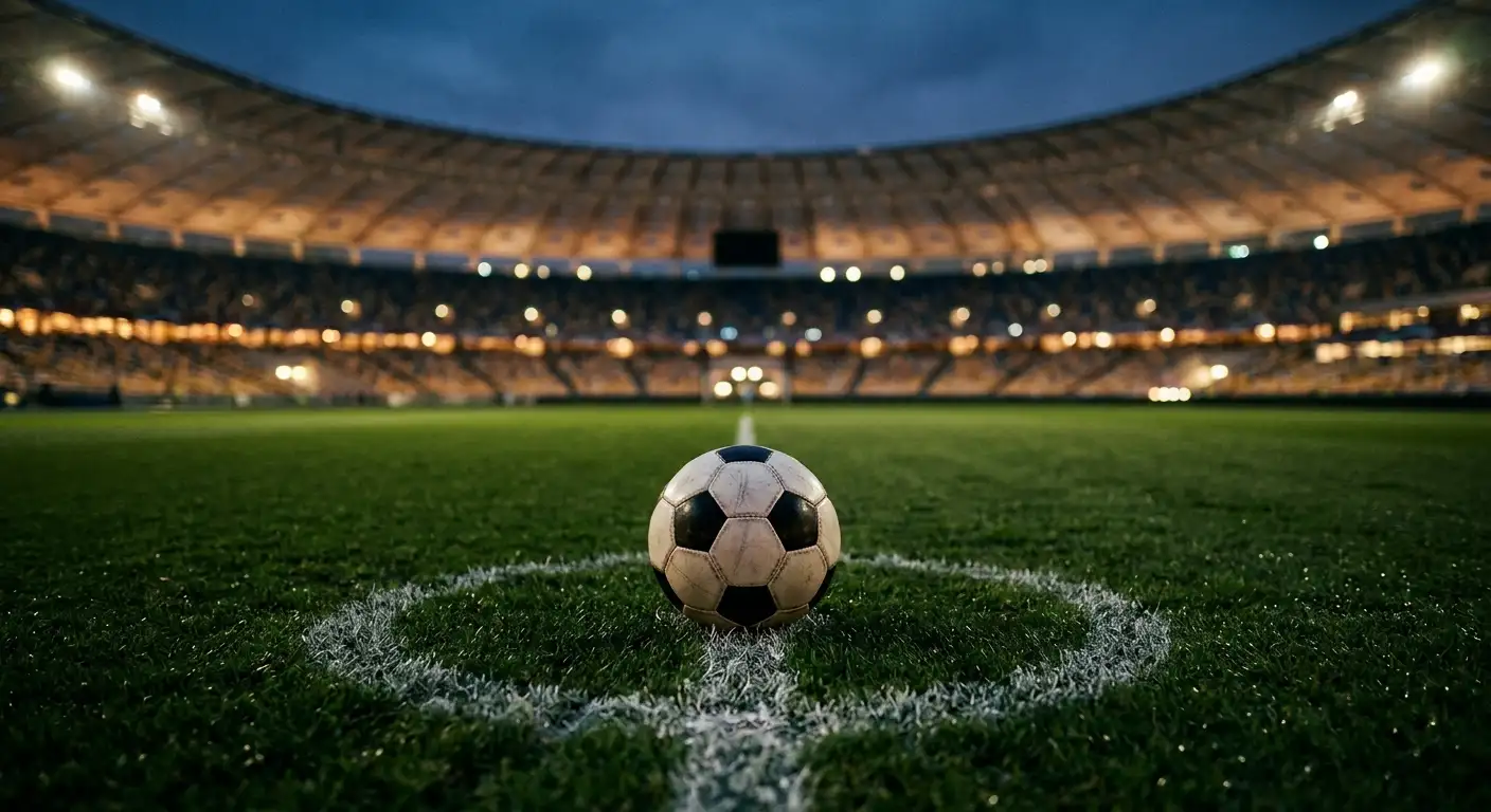 Nærmynd af fótbolta á miðjupunkti á flóðljósuðum leikvangi, markakóngskapphlaup HM 2026 í aðdraganda undanúrslita