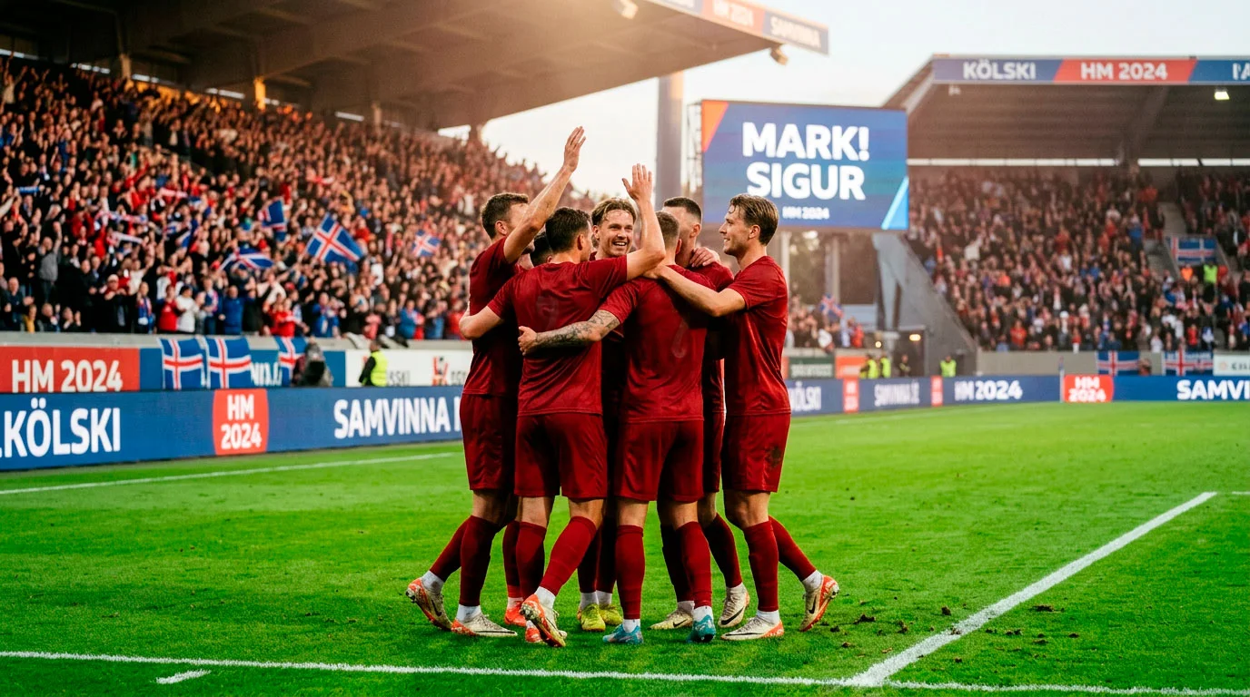 Norrænt fótboltalið fagnar marki saman á heimsmeistarakeppni