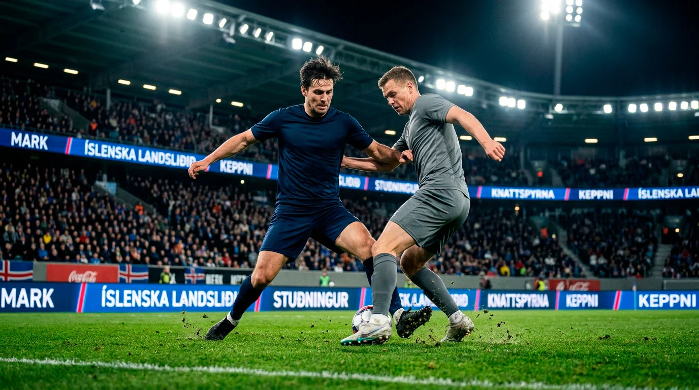 Fótboltamenn í aðgerð á grænni grasvelli í riðlakeppni heimsmeistarakeppninnar